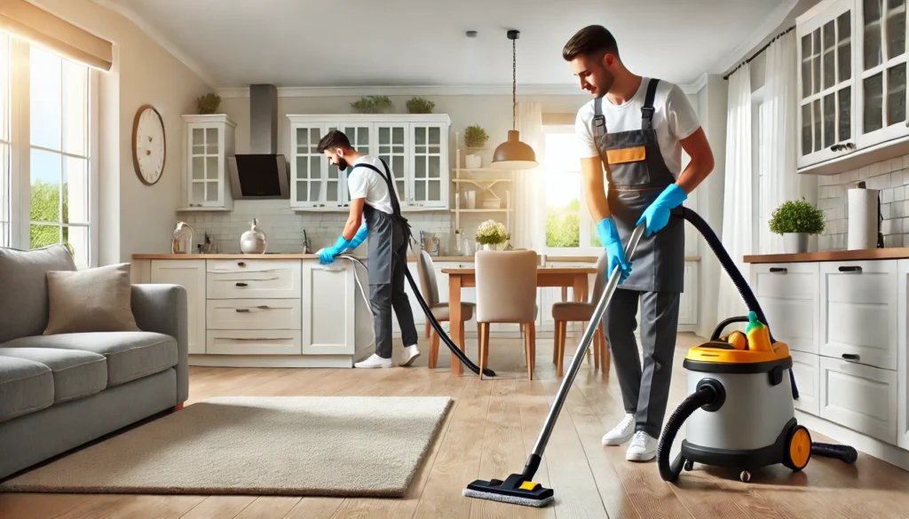 Professional cleaner cleaning a living room